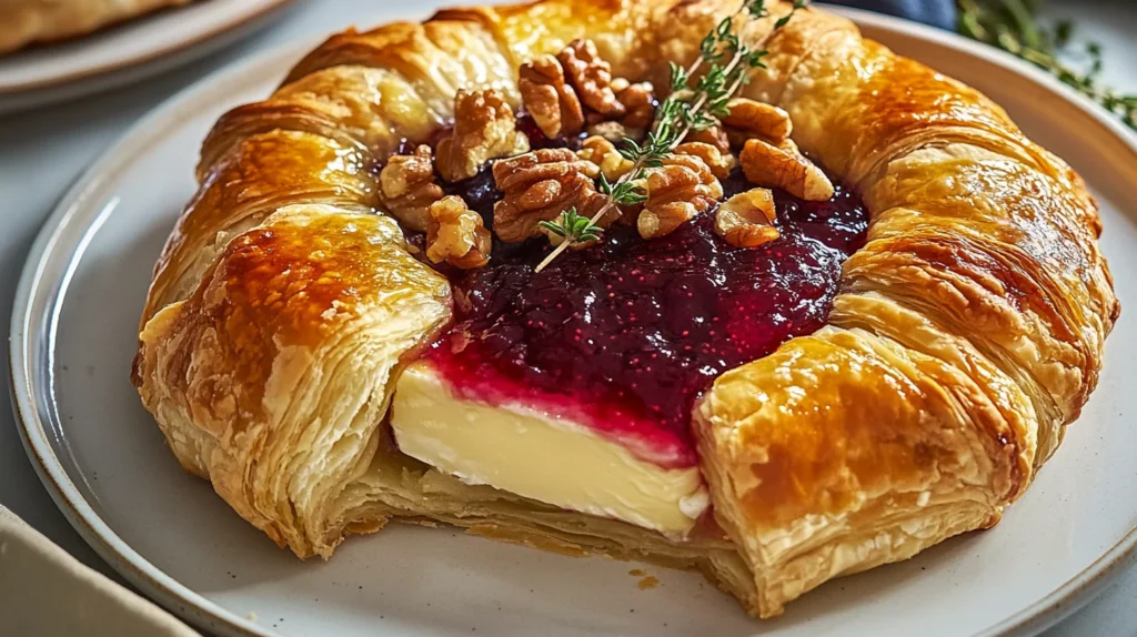 Baked Brie In Puff Pastry is a delicious treat. As you gaze closer, the rich, creamy Brie peeks out from beneath the pastry, its surface slightly melted and inviting. A vibrant layer of raspberry preserves glistens on top, its deep crimson hue contrasting beautifully with the warm, buttery tones of the pastry. Scattered atop are crunchy, chopped walnuts, their earthy brown color adding texture and a hint of rustic charm. The dish is artfully placed on a simple white plate, which enhances the colors and makes the Baked Brie the star of the show. A few sprigs of fresh thyme are casually arranged around the plate, adding a pop of green that complements the overall presentation. The scene captures the essence of a cozy gathering, inviting you to dive in and experience the warm, gooey delight that awaits."