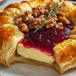 Baked Brie In Puff Pastry is a delicious treat. As you gaze closer, the rich, creamy Brie peeks out from beneath the pastry, its surface slightly melted and inviting. A vibrant layer of raspberry preserves glistens on top, its deep crimson hue contrasting beautifully with the warm, buttery tones of the pastry. Scattered atop are crunchy, chopped walnuts, their earthy brown color adding texture and a hint of rustic charm. The dish is artfully placed on a simple white plate, which enhances the colors and makes the Baked Brie the star of the show. A few sprigs of fresh thyme are casually arranged around the plate, adding a pop of green that complements the overall presentation. The scene captures the essence of a cozy gathering, inviting you to dive in and experience the warm, gooey delight that awaits."