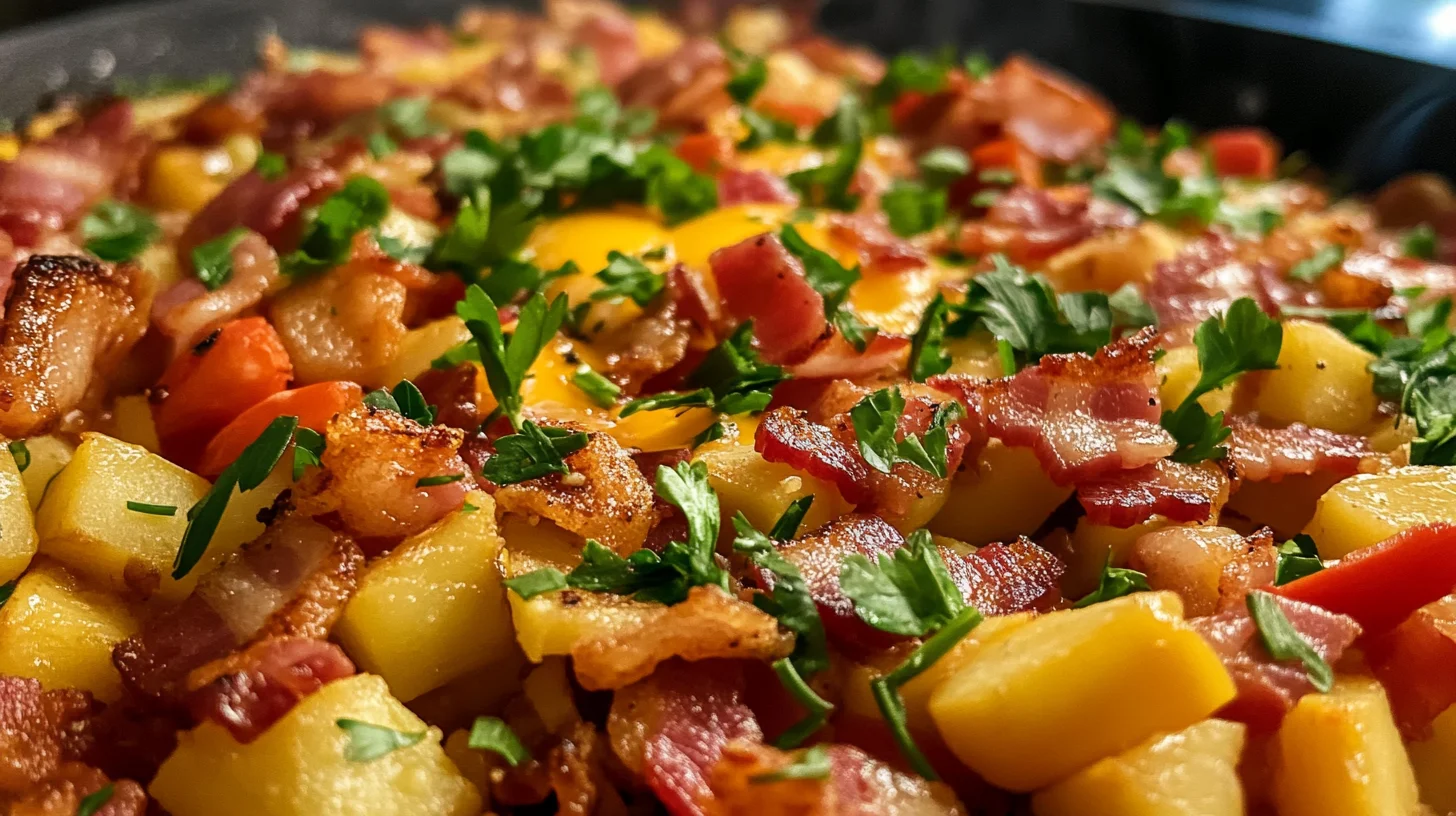 Cheesy bacon and egg hash is a delicious breakfast!