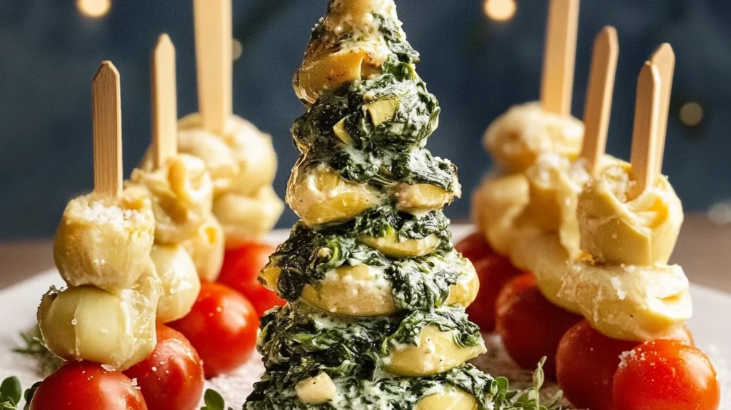 Spinach-Artichoke Christmas Tree Skewers are festive treats.