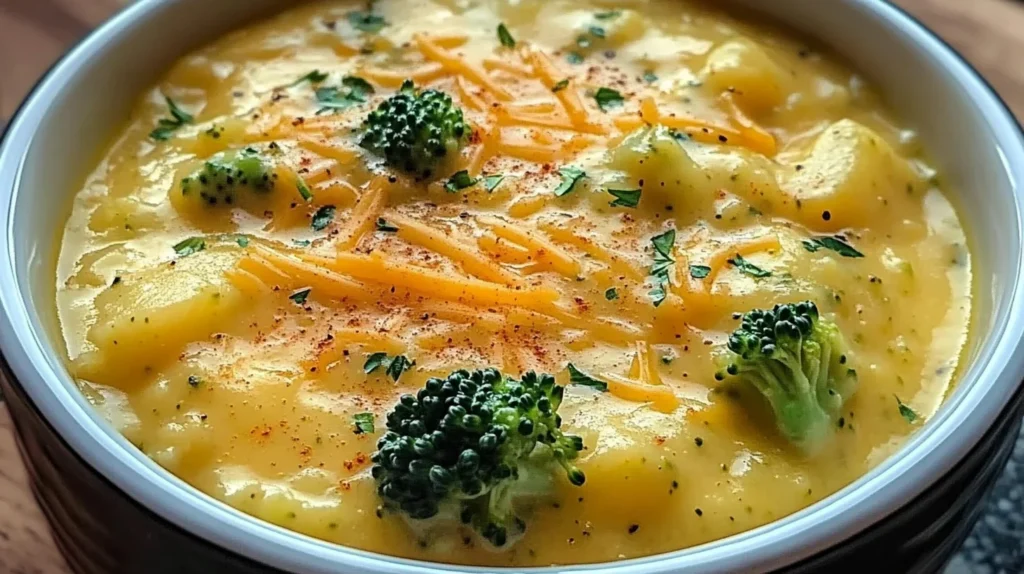 Crock Pot Potato Broccoli Cheddar Soup is delicious.