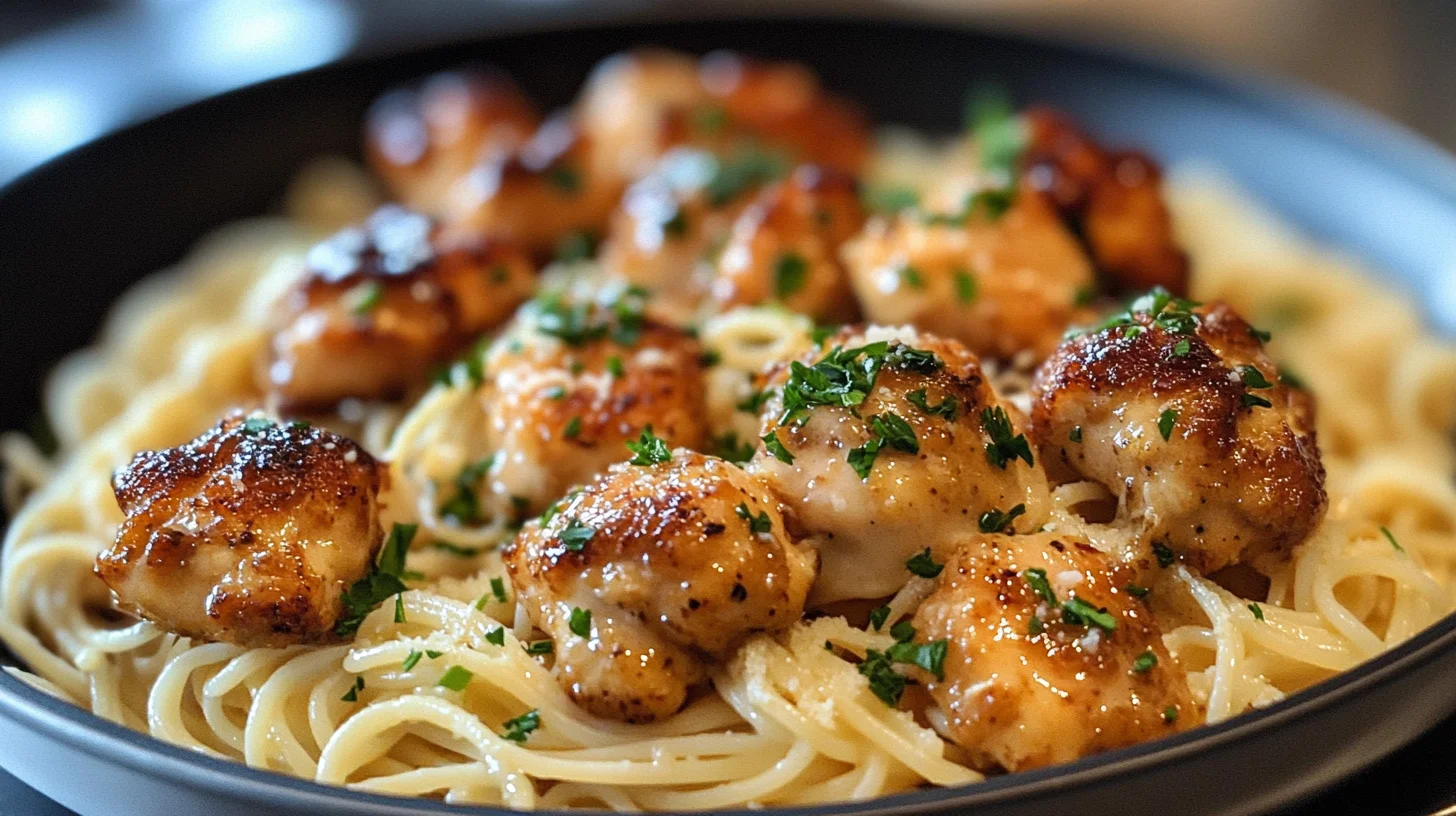 Garlic Butter Chicken Bites with Creamy Parmesan Pasta Delight are irresistible!