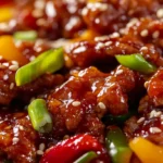 Chinese crispy shredded chilli beef in a bowl, coated in sweet-spicy sauce, garnished with sesame seeds and green onions.