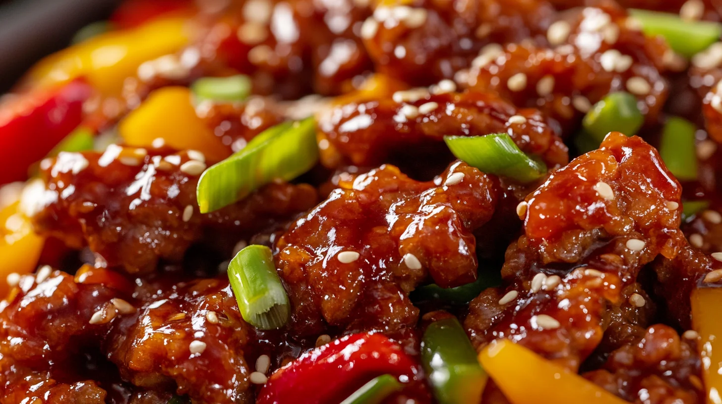 Chinese crispy shredded chilli beef in a bowl, coated in sweet-spicy sauce, garnished with sesame seeds and green onions.